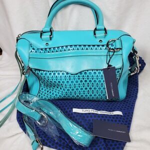REBECCA MINKAFF Leather Satchel Mab Mini Perforated Turquoise/ Silver NWT $550